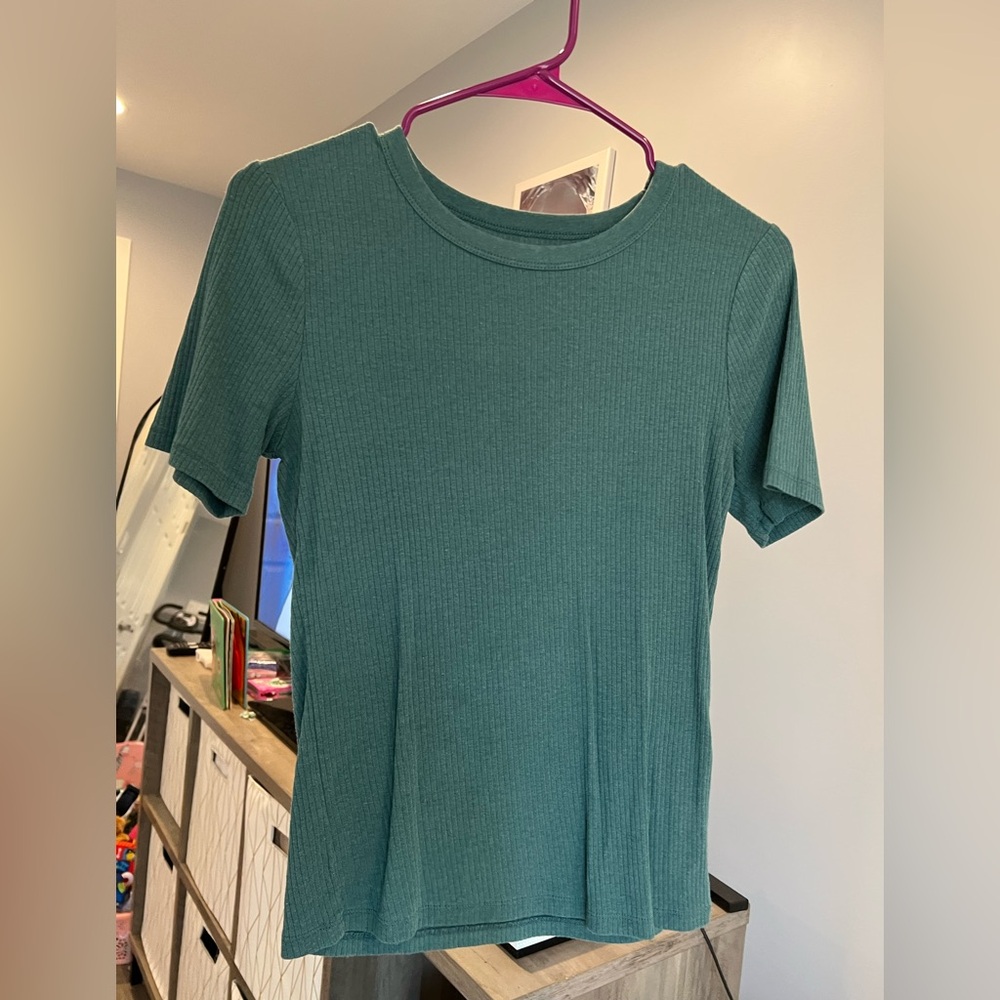 A New Day Green Teal Ribbed Stretchy Short Sleeved Top Size Small